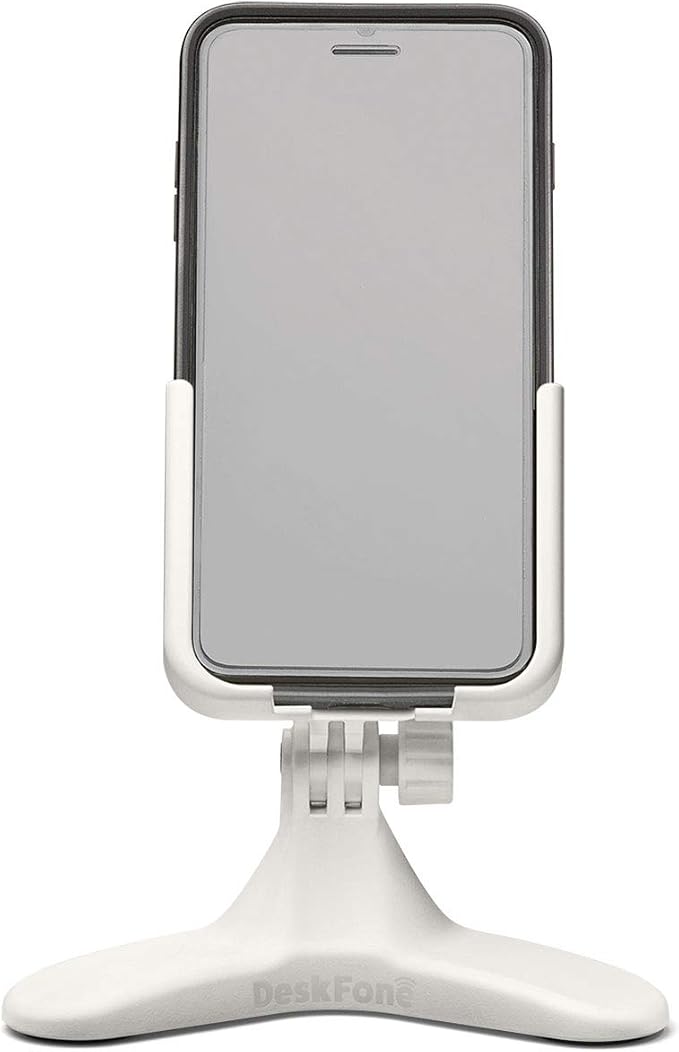 WeatherTech DeskFone in White - Adjustable, Universal Cell Phone Holder Mount Stand for Desk, Counter, Table - Tripod Design for iPhone & Smartphone Charging - Plastic Knobs