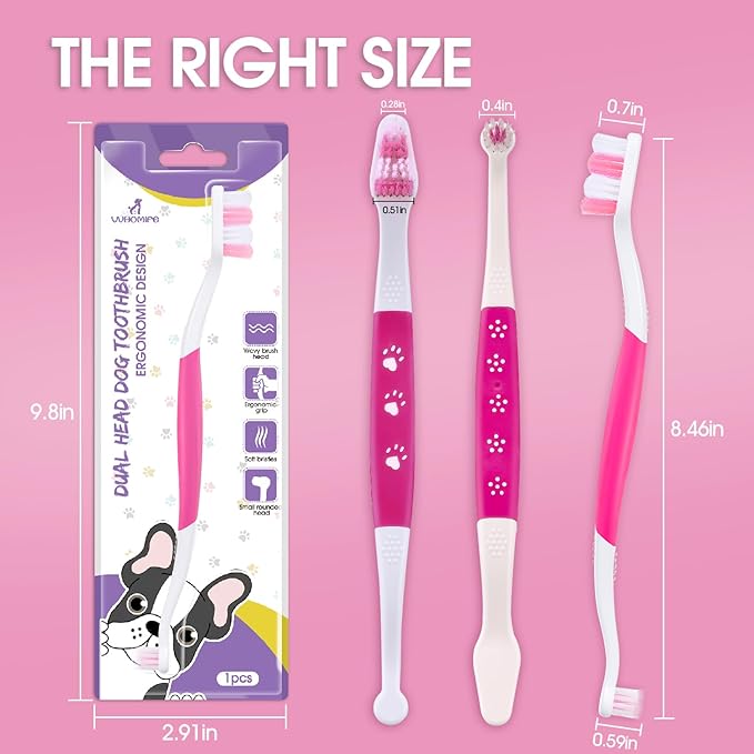 Dog Toothbrush – Newly Upgraded Dual-Head Design with 60° Wavy Bristles – Gently Surrounds Teeth for Deep Cleaning and Plaque Removal – Non-Slip Handle, Ideal for Daily Pet Dental Care (Pink, 6-Pack)