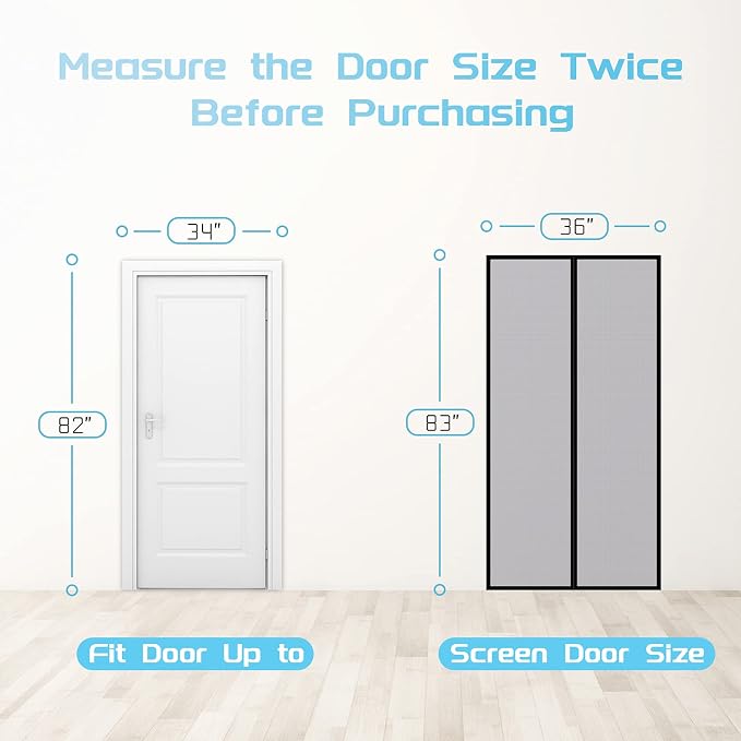 TheFitLife Fibreglass Magnetic Screen Door, Heavy Duty Mesh Curtain | 36"x83" - Fits Doors up to 34"x82" Max, Gray, with Full Frame Hook & Loop Powerful Magnets, Pet & Kid Friendly, Hands Free