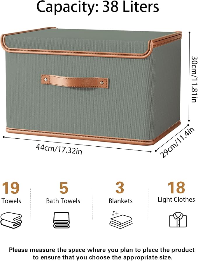 Tuza 2 Pack Storage Bins with Lids, Collapsible Closet Organizer Container, Fabric Organizer Box with Handles, Decorative Storage Boxes with Lids for Organizing Clothes, Blanket, Grey, Large