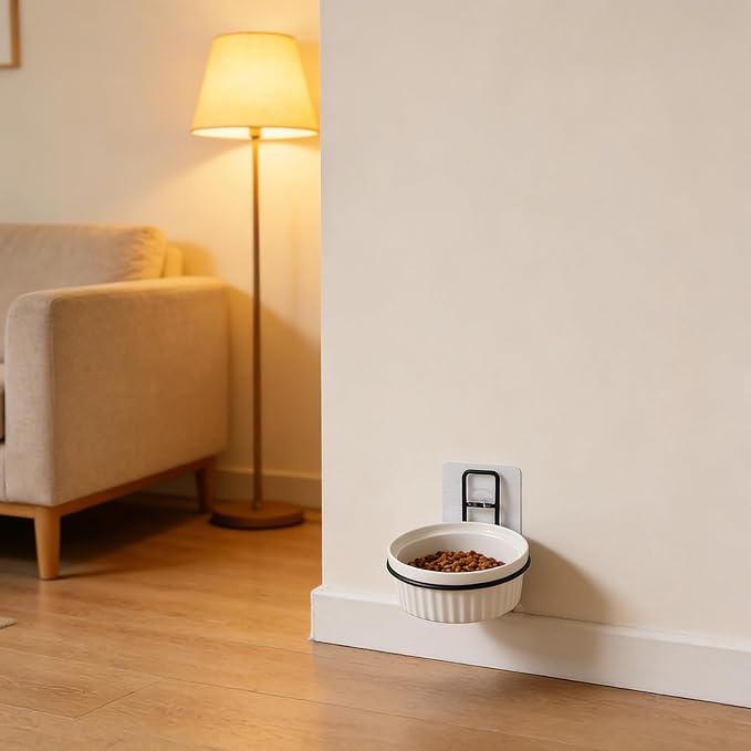 KALLORY Wall Mounted Pet Bowl Holder for Cats and Pets Convenient Feeding Shelf with Nail-Free Stickers Plastic and Iron Construction to Reduce Cat's Neck Burden or House