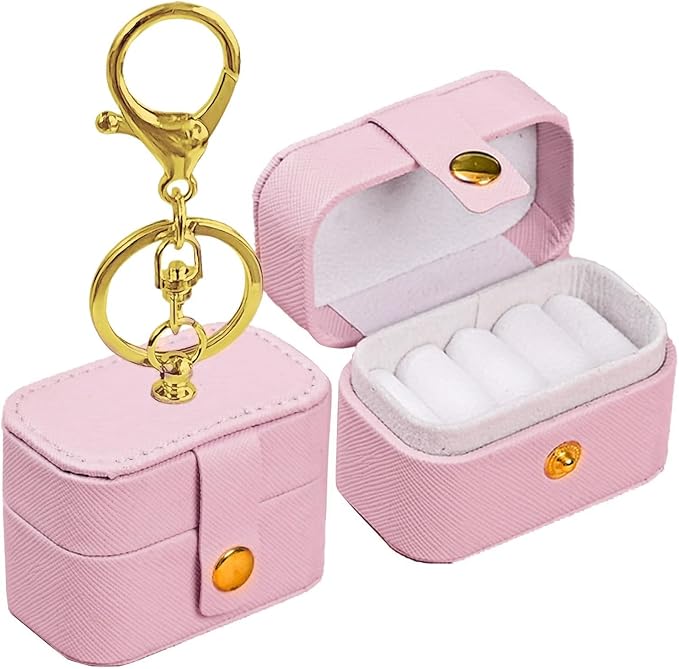 Wedding Ring Bearer Pillows Box for Dog Collar, PU Leather Travel Mini Ring Holder Pouch with Keychain Clip& Buckle Closure, Bridesmaid Gifts Jewelry Storage Case for Women Girls(Pink)