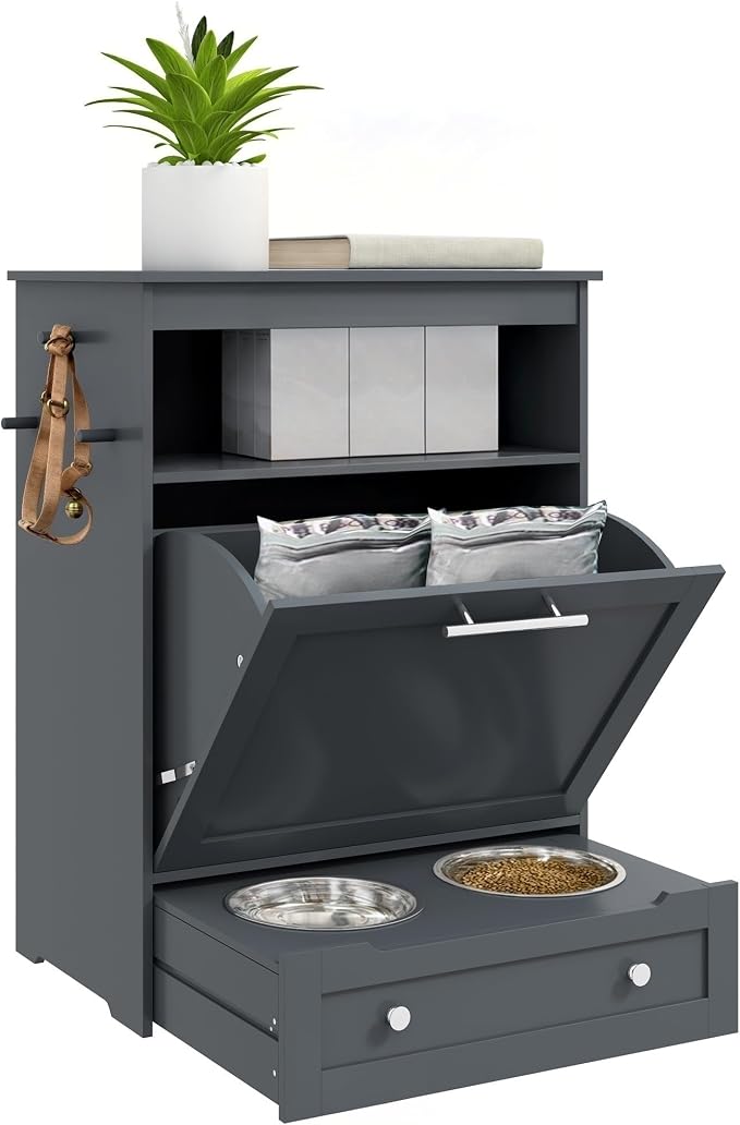 Suitable for Elevated Dog Feeding Station with Storage Cabinet – Stylish Pet Feeder Organizer with Hanger for Food & Water Supplies, Gray
