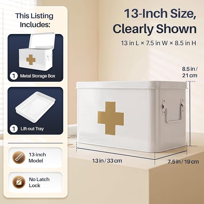 Flexzion Large Metal First Aid Box Empty, 13-Inch, White with Gold Cross | Vintage Medicine Box and First Aid Storage Organizer with Removable Tray and Dividers; Empty Box Only, Supplies Not Included