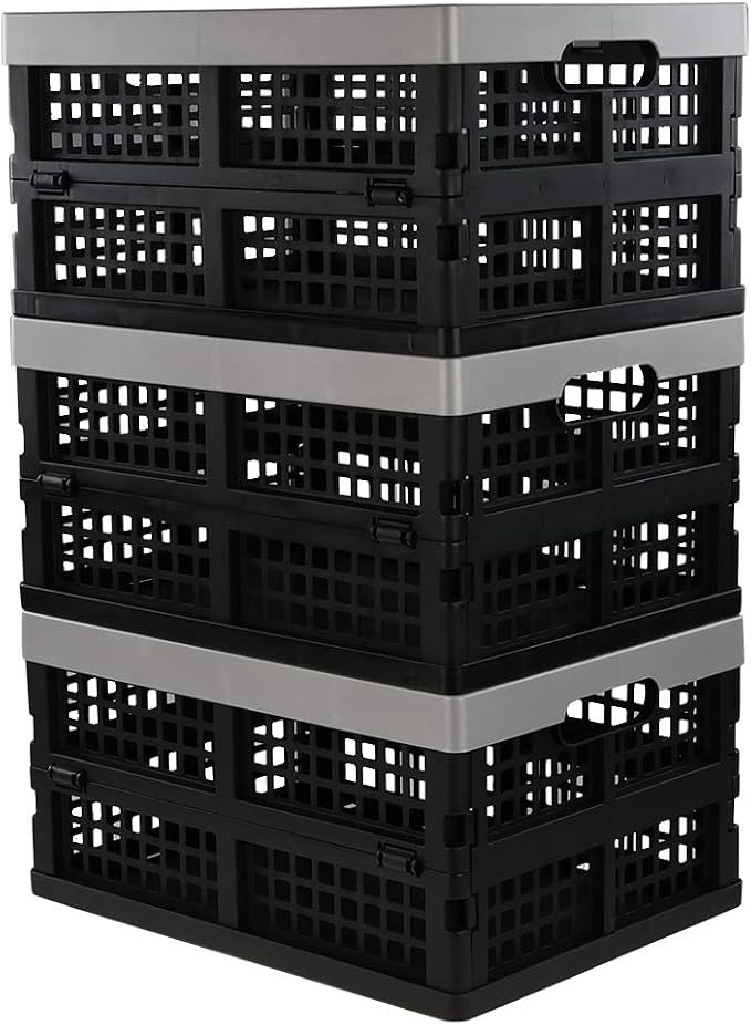 Jekiyo 16-Liter Folding Crates Storage, Collapsible Basket Plastic Set of 3 | Stackable Milk Crate Bin