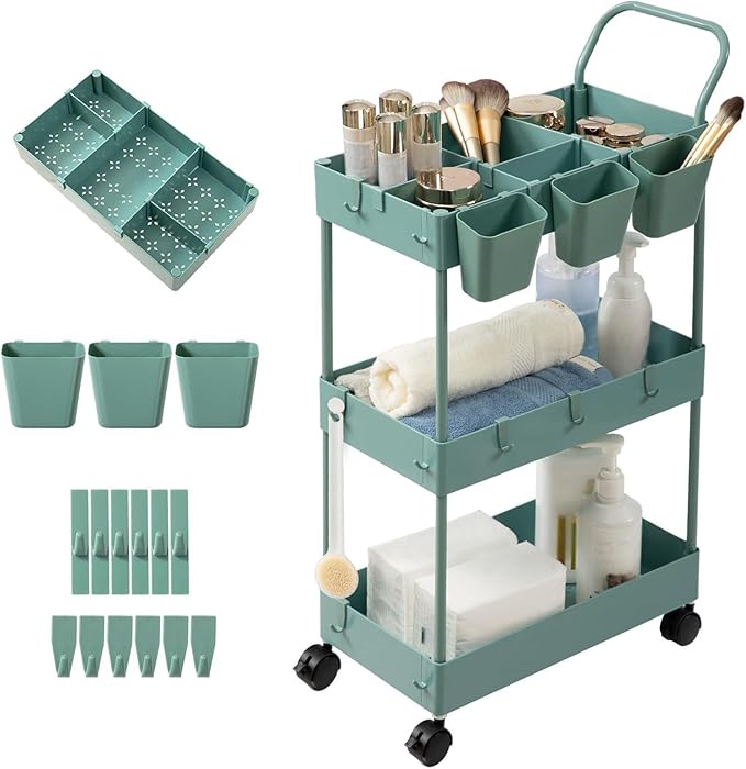 danpinera Storage Cart on Wheels, 3 Tier Bathroom Cart Organizer Slim Laundry Narrow Shelf with Wheels Dividers Hanging Cups Hooks Handle Easy Assembly, Green