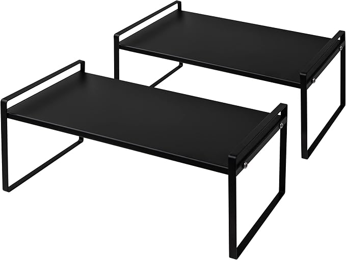 Nxconsu Stackable Cabinet Shelf Organizer 2 Pack, Standard Black | Heavy-Duty 3mm Steel Stackable 2-Tier Shelf, Holds 50 lb, for Kitchen Cabinet Pantry Cupboard Counter Bathroom Under Sink