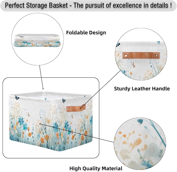 Watercolor Flower Butterfly Rectangular Storage Bin Collapsible Storage Basket Organizer Boxes with Leather Handle Storage Cube for Shelves Toy Laundry Nursery 2 PC