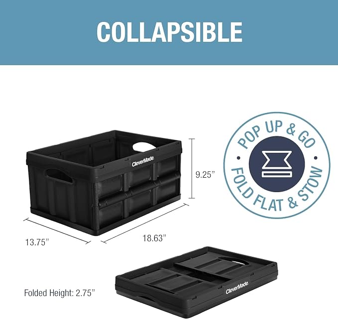 CleverMade Collapsible Storage Bins, 32L, 3 Pack Foldable Storage, Obsidian | Turn Trunk and Garage Clutter into Stackable Order | Reinforced Plastic Handles Up to 66 lb, Then Nests Compactly When Folded