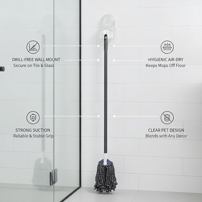Clear Suction Cup Mop Holder, Drill-Free Wall Mount for Bathroom Tiles & Glass, Space-Saving Storage for Wet Mops and Brooms