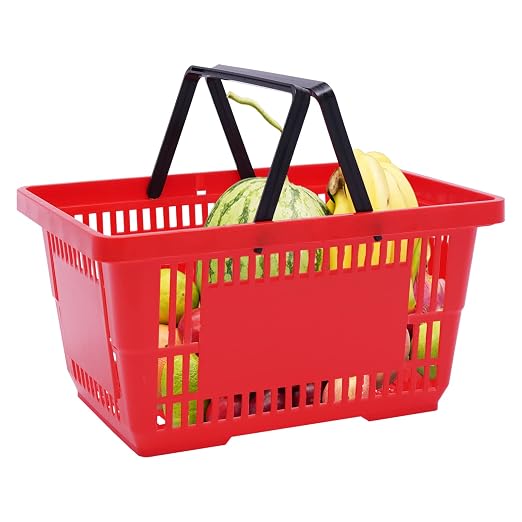 12PCS Shopping Baskets with Handles, 17x12x9inch Plastic Storage Bins Grocery Baskets, Portable Shop Basket Used for Supermarket, Retail, Bookstore (Red)