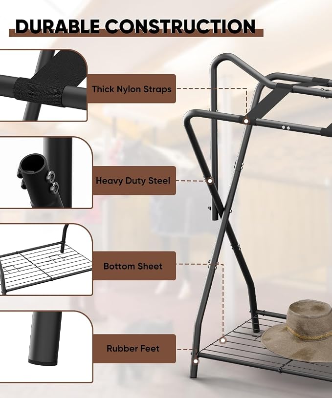 Queension Foldable Saddle Rack with Bottom Storage for Horse Stable, Black | Portable Horse Saddle Stand for English & Western Saddles, Saddle Pad Rack for Horse tack, Horses Blanket