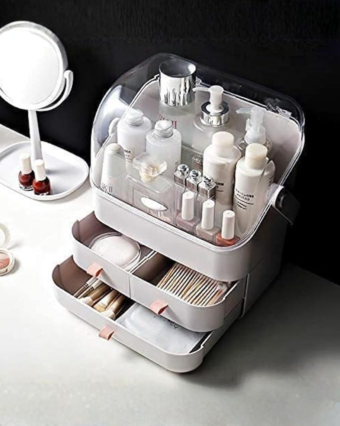 LINFIDITE Cosmetic Storage Box with Lid Makeup Organizer Box with Dust Free Cover Portable Handle,Large Makeup Display Case with Drawers Fully Open Lid,Great for Dresser Bathroom Countertop