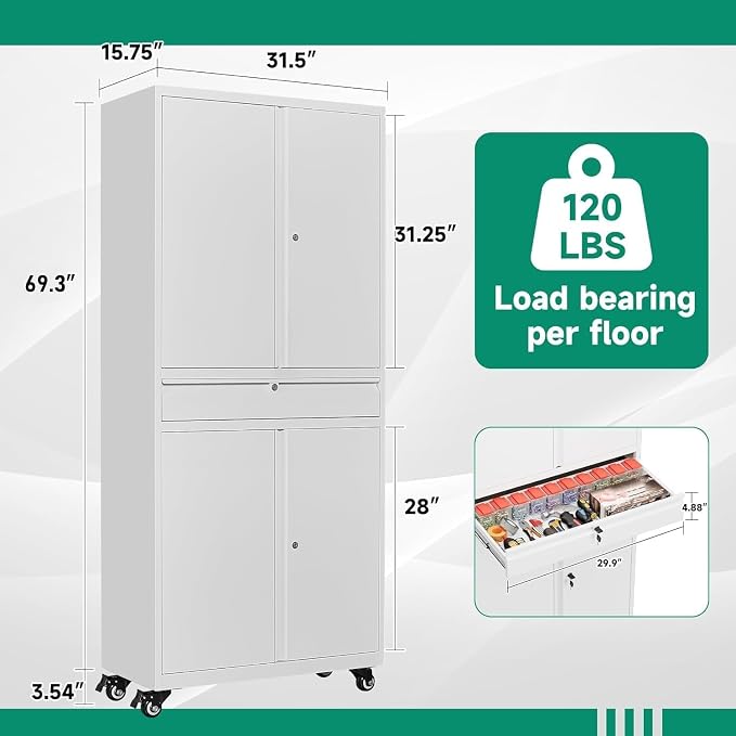 Metal Garage Storage Cabinet with Wheels,72“ Rolling Tool Cabinet with 4 Door Lock-Adjustable Shelves and Drawer for Garage Home Office Utility Room (White with Wheels)