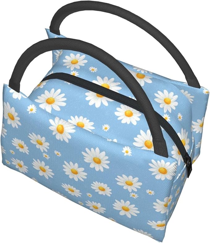 Daisy Flower Insulated Lunch Box for Girls Women,Reusable Tote Bag with White Floral Blue,Portable Lunchbox Handbag,Makeup Bags Organizer Gifts for Work Office Travel Picnic,11x6.3x6.7in