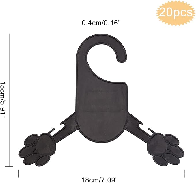 AHANDMAKER 20 Packs Black Pet Clothes Hangers, 6x7 inch Cute Dog Paw Print Shape Pet Plastic Clothes Rack for Dog Cat Pet Small Coat Pet Shop