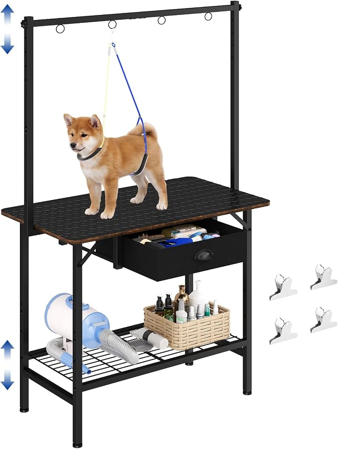 32 Inch Adjustable Dog Grooming Table with Drawer & Non-slip Removable Mat | Pet Grooming Table with Mesh Tray & EVA Protective Lanyard,Professional Grooming Table for small Dogs at Home