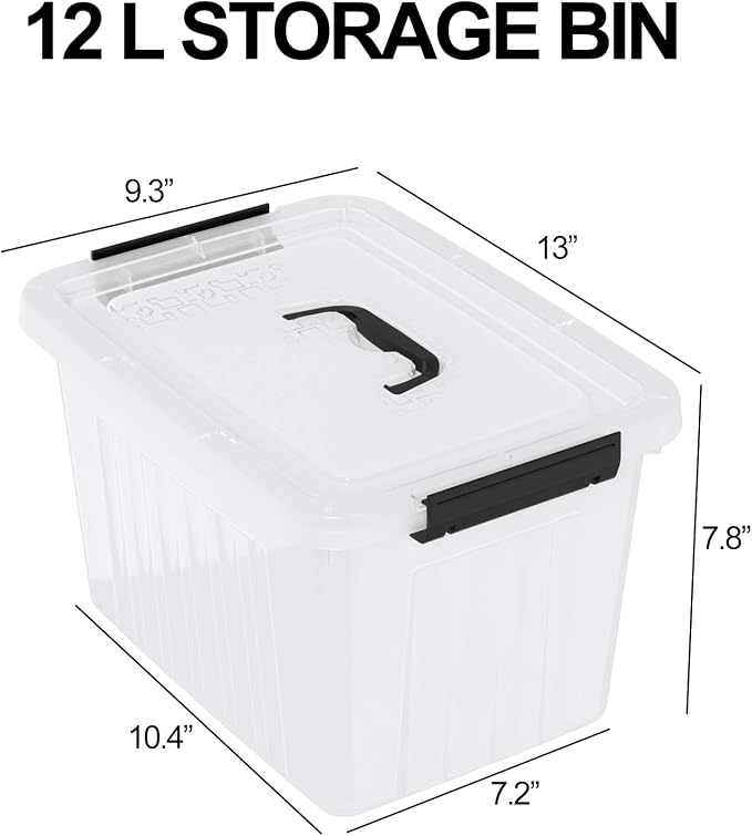 12L Clear Plastic Storage Bin with Handle, 4 Pack | Lidded Stackable Storage Boxes, BPA-Free, See-Through Organizer Totes for Closet, Pantry, Office