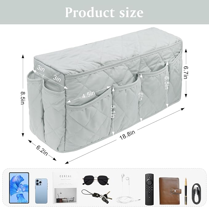 Remote Control Holder, Non Slip Bedside Armchair Caddy, Recliner Arm Caddy Armrest Organizer with 14 Pockets for Cell Phone TV Remote Control Magazines, Light Gray