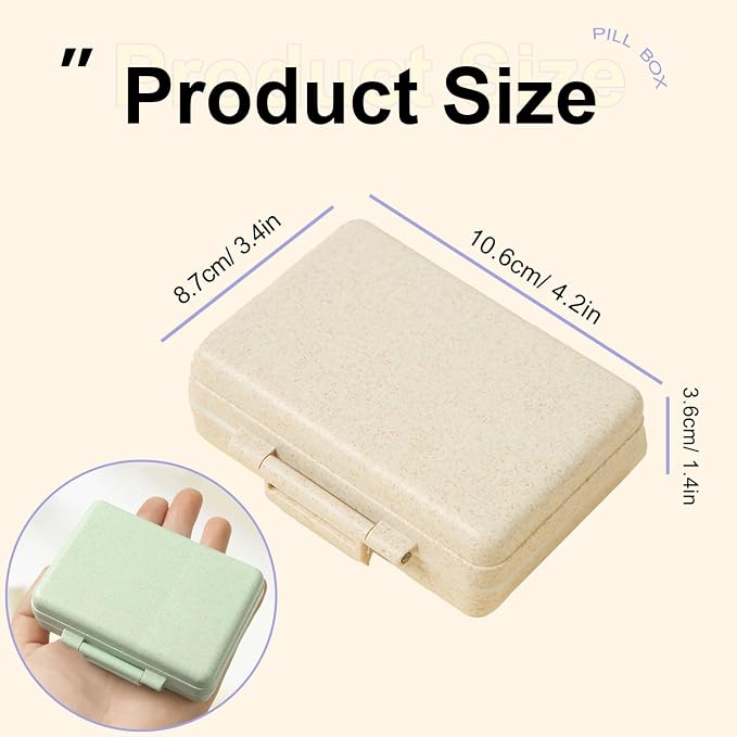 Travel Pill Organizer, 9 Compartments Portable Small Pill Box | Double Lock Daily Pill Dispenser, Made from Wheat-Straw, Hold Medicine Vitamin Supplements Fish Oils, for Travel, Work, Beige