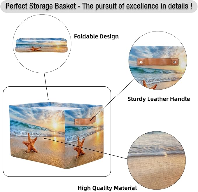 Pardick Beach Basket Storage Bins Rectangle Canvas Basket Cube Storage Box | Nursery Foldable Basket with Handle for Kids Girls Boys Toys Living Room Closet Organizer Shelf Gifts Starfish Nautical