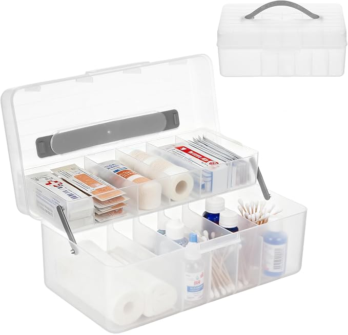Clear Plastic Bandages Storage Organizer, 2 Tiers Bandage Storage with Lid and Handle, First Aid Box, Large Portable Medicine Container Holder Empty, Suitable for Home, Office, Travel, School, Office