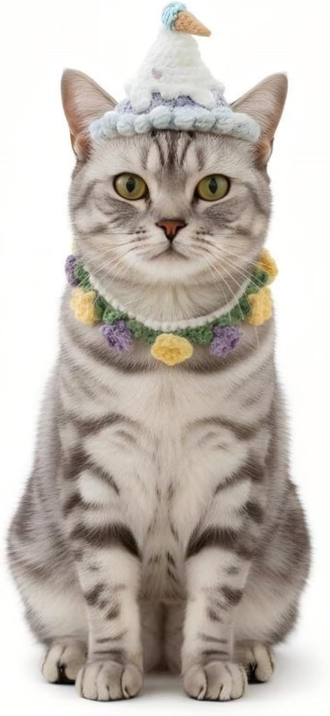 Dog Costume – Adjustable Birthday Dog Hat & Floral Wreath Scarf for Cats and Small to Medium Dogs, Cute Cat Costume for Party, Holiday, Daily Wear & Photos