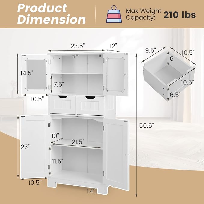 LOKO Bathroom Cabinet, Linen Storage Organizer with Doors & Drawers, Wooden Floor Cabinet with Adjustable Shelves for Bathroom, Living Room or Kitchen (White)