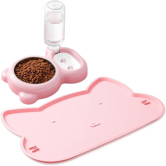 Pink Cat Food and Water Bowl and Non-Slip Silicone Mat Set Stainless Steel Food Bowl with 18.6oz Large Capacity Water Dispenser for Cats and Small Dogs
