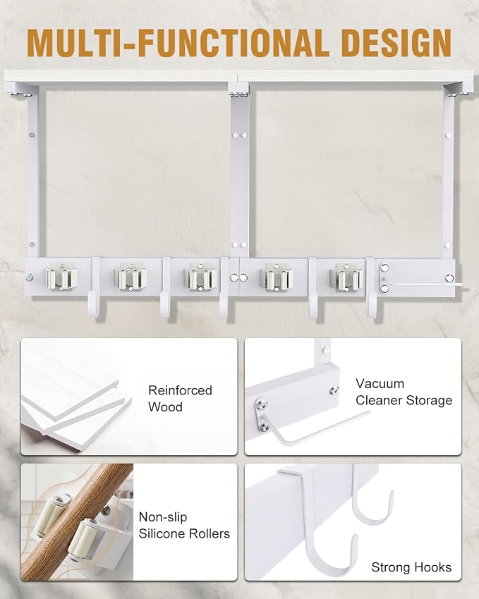 Large Broom Holder Wall Mount with Shelf, Vacuum Organizer, 5 Slots 5 Hooks | White, 3-In-1 Wall Mount Stores Brooms/Mops/Vacuum, Cleaning Supplies With 5 Grippers/5 Hooks And A Sturdy Wooden Top Shelf