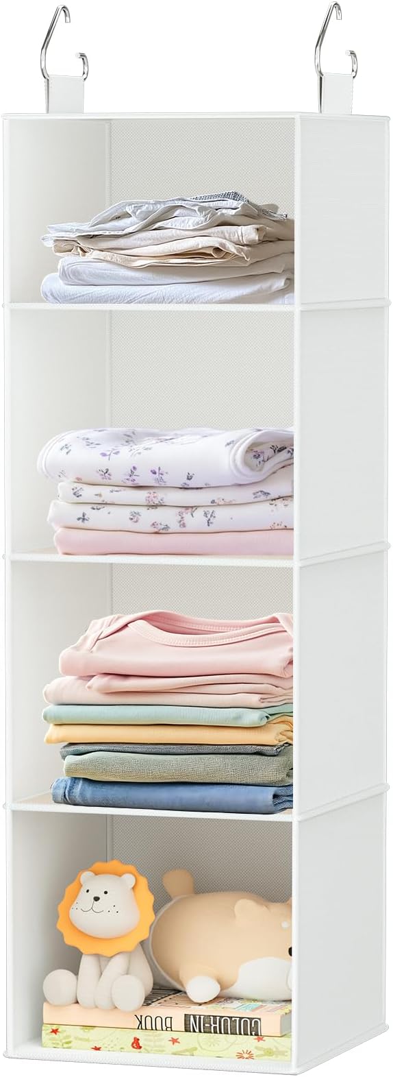 Hanging Closet Organizer with Bamboo Shelves - Foldable Closet Storage for Baby Clothes, Towels, Scarves,Space Saving Shelves Organizer (White)