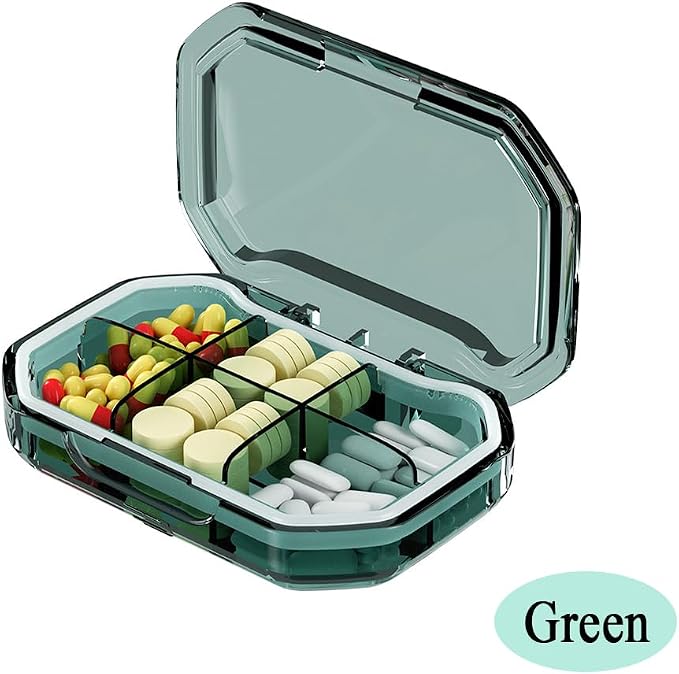 Daily Travel Pill Case Organizer, 6 Compartment Portable Pill Box | Small Medicine Reminder Dispenser Planner Holder for Vitamin, Fish Oil, Supplement, Cod Liver Oil, Portable Container, Green