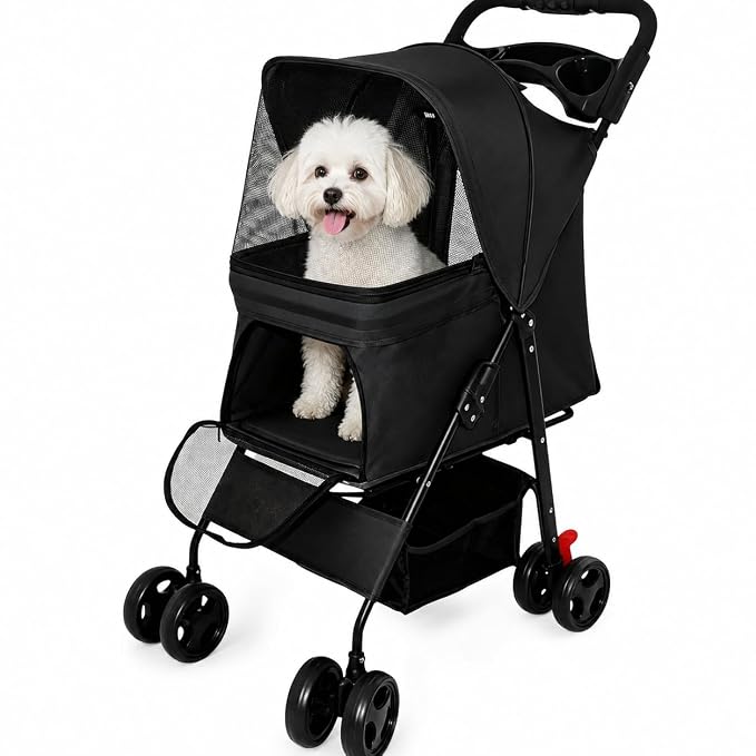 Foldable Pet Stroller for Small Dogs & Cats Up to 28 lbs, 360° Mesh