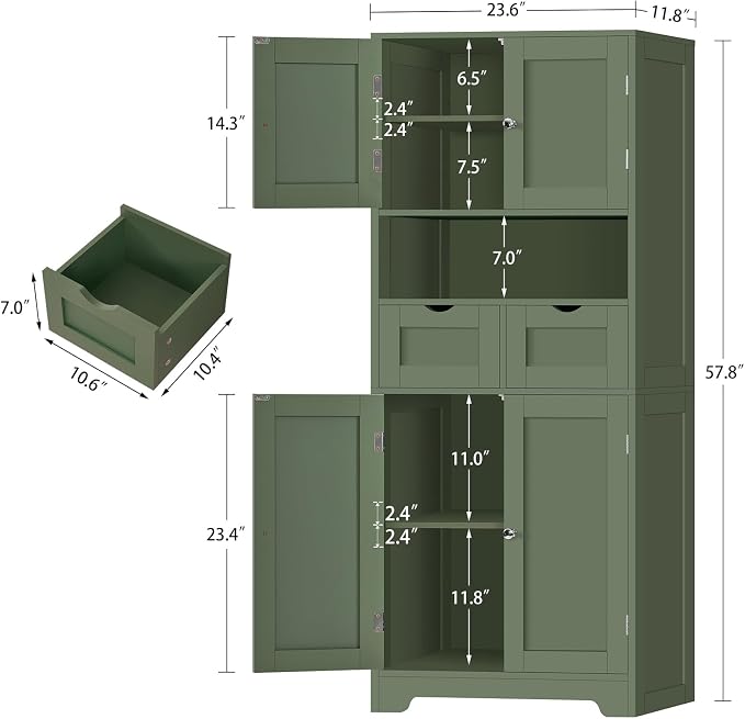 TEENFON 57.8" H Tall Bathroom Storage Cabinet with 2 Drawers & 2 Adjustable Shelves, Floor Cabinet with 4 Doors, Tall Cabinet for Living Room, Dining Room, Entryway, Forest Green