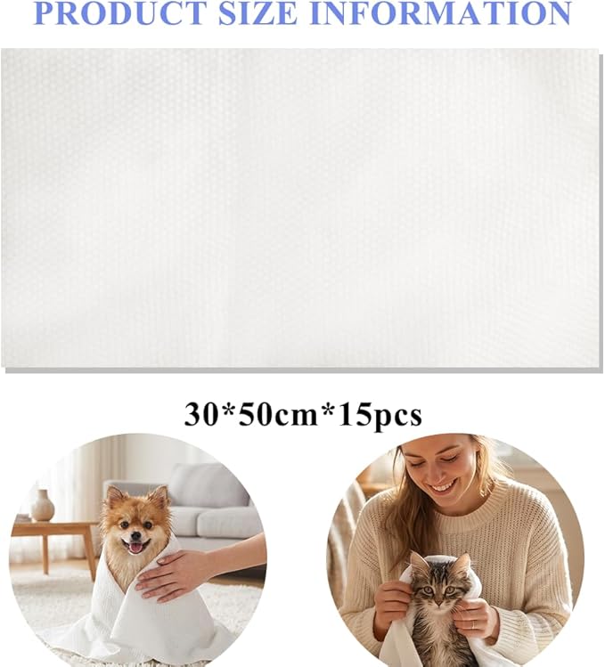Disposable Pet Bath Towel,15 PCS Portable Pet Grooming Towels,11.8 x 21.6 inch Convenient Pet Cleaning Towel Pet Drying Towels,Absorbent Bath Towel for Small Dog Puppy Cat, White
