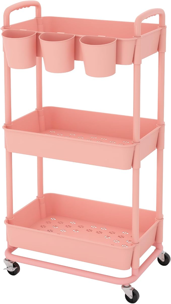 3-Tier Plastic Rolling Storage Cart Utility Cart Pink | Utility Cart with Extra Hanging Cups Arc-Shaped Handles Lockable Wheels for Living Room Bathroom Kitchen Office