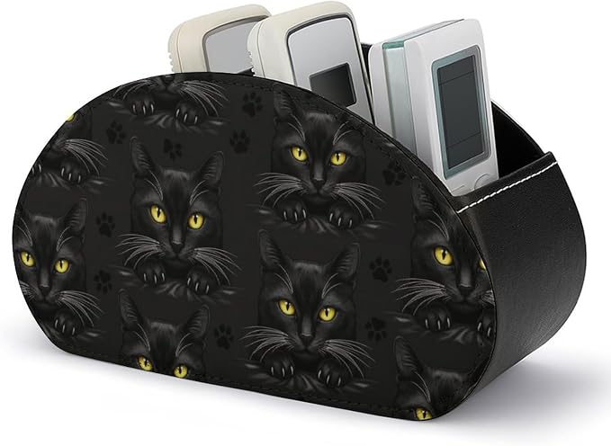 Remote Control Holder for Table Black Cat Gothic Desktop Storage Box | Makeup Brush Caddy with 5 Compartments, Black Cat Gothic Bedside Table Organizer Office Supplies