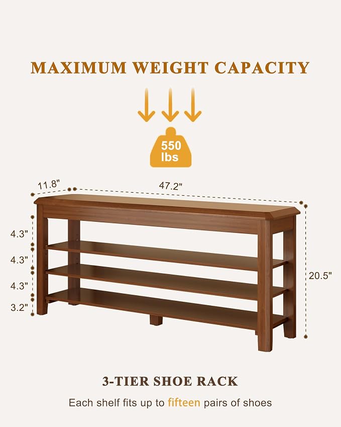 IUNVR Shoe Rack Bench Seat Rubberwood 3-Tier Wooden Storage Bench 550lbs Compact Mid-Century Modern Design for Entryway, Hallway, Closet, Front Door Entrance, Foyer