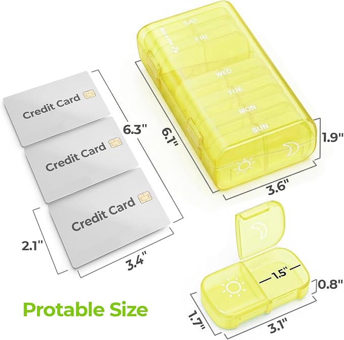 AUVON Weekly Pill Organizer 2 Times a Day, One-Sided Opening, Easy to Use | AM PM Pill Case, XL Pill Box 7 Day, Travel Medication Organizer for Medication, Vitamins, Fish Oils, Supplements, Yellow