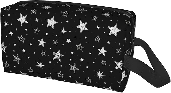 Cute Doodle Stars Makeup Bag for Women,Black Star Cosmetic Bag Travel Toiletry Pouch Aesthetic Zipper Organizer for Gym & Daily Use 10x6.2x4.9 Inch