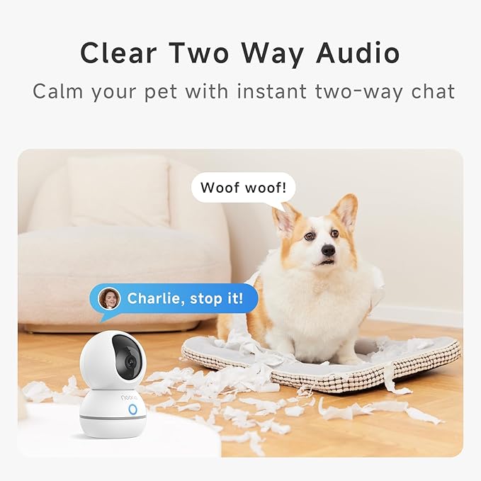 Noorio 2K 4MP Indoor Security Camera,UHD 360° PTZ Pet Camera,2.4GHz,CS201 | One-Touch Call, 24/7 Continuous Recording, 360° PTZ Coverage, Night Vision, Auto Motion Tracking, Two-Way Audio, 2.4 GHz WiFi