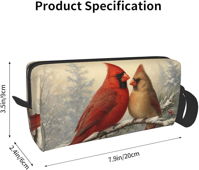 Cardinal Pair on Snowy Pine Makeup Bag for Women, Cosmetic Pouch | Double-Sided Winter Cardinal Cosmetic Organizer with Foam Padding for Women, Travel, Gym, School, and Daily Storage