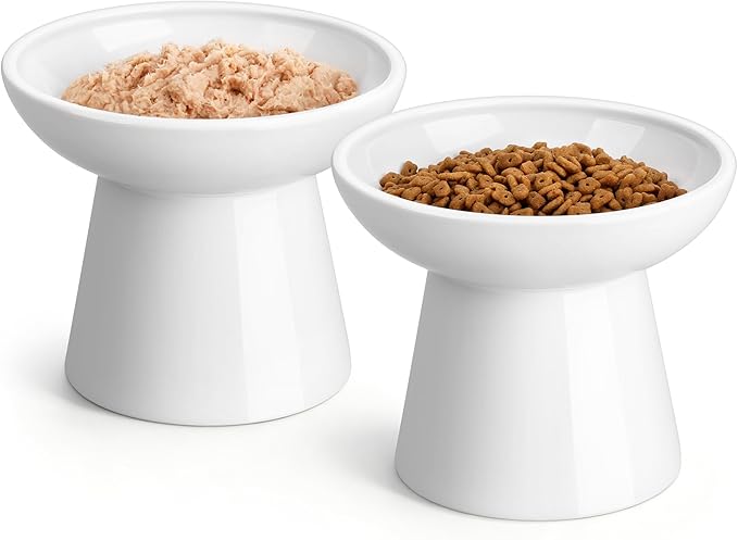 vancasso Elevated Cat Food Bowls 2-Pack, 6.2" Wide Shallow Cat Feeding Bowl for Whisker Fatigue, 5.1" Height Ceramic Raised Food Bowls for Senior Cats, Anti Vomit, White
