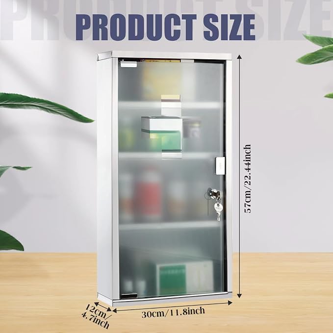 Timgle First Aid Wall Cabinet with Lock Medicine Wall Mounted Bathroom Storage Hanging Medical Cabinet with Safety Glass Door for Bathroom(4 Shelves,Silver)