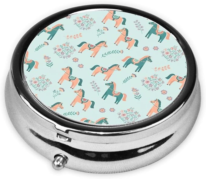 Travel Pill Dispenser, Round Small Organizer, Metal Case for Medicine, Pocket Purse Container for Camping Trips, Flowers Floral Horse Couple Art