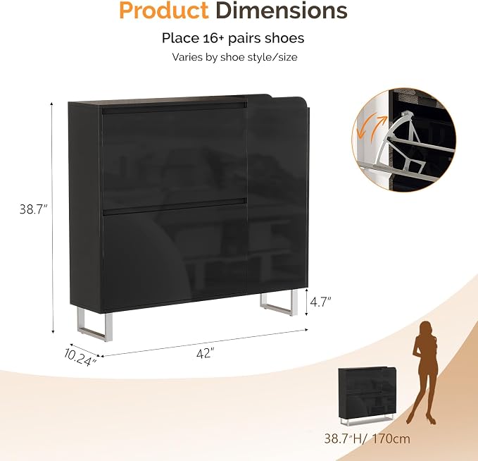 VINGLI Black Shoe Cabinet with LED Lights, Narrow Shoe Storage Organizer with 2 Flip Drawers & Side Cabinet for Tall Boots, Slim Entryway Hidden Shoe Rack Space Saving, Modern High Gloss, 42"
