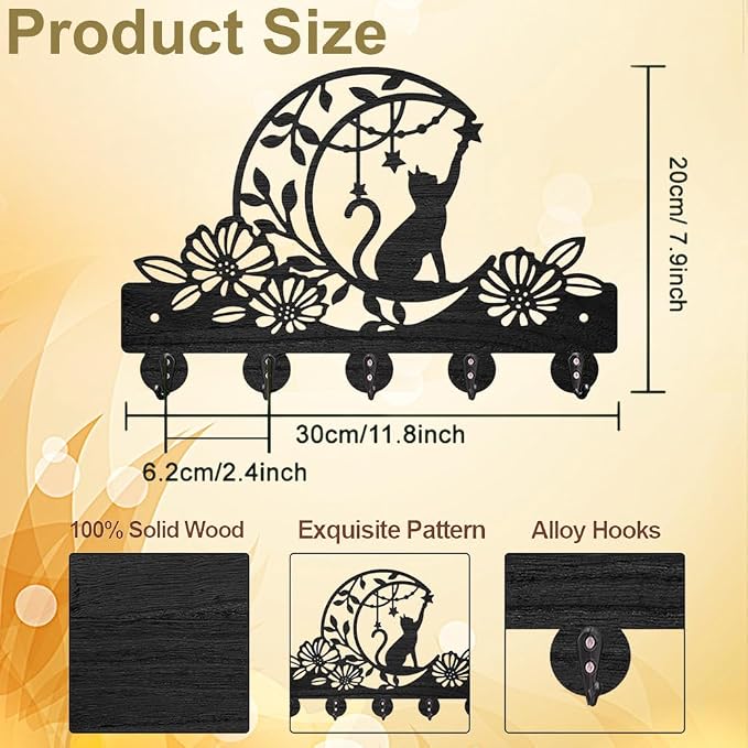 MAYJOYDIY Cat Moon Flower Coat Rack Wall Mount Black Animal Wood Key Hanger | 11.8×7.9In Wood Mounted Hanger, Full Screw Anchor Spacer Screwdriver Kit, Sturdy 5 Alloy Hooks, Decorate Hallway Kitchen Wall