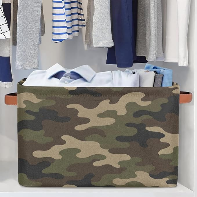 Pardick Camo Basket Storage Bins Rectangle Canvas Basket Cube Storage Box | Nursery Foldable Basket with Handle for Kids Girls Boys Toys Living Room Closet Organizer Shelf Gifts Military Army