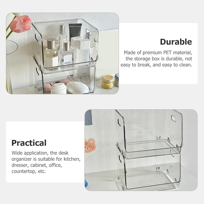 SHINEOFI Stackable Desktop Storage Box with Handles 2Pcs Small PET | Dresser Desktop Use, Multipurpose Organizer for Books and Food, Easy to Clean, Compact Tabletop Set