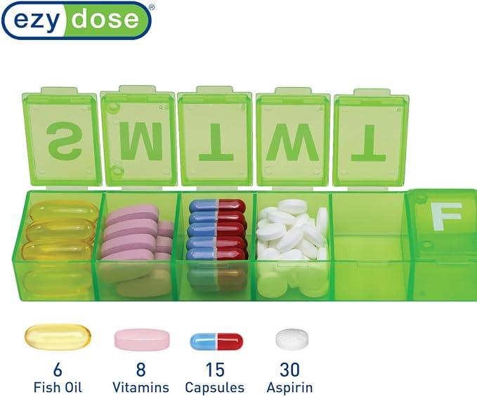 EZY DOSE Weekly (7-Day) Pill Case, Medicine Planner, Vitamin Organizer Box, Convenient and Easy to Use, X-Large Compartments, Travel Friendly, Color May Vary (Randomly Selected), BPA Free
